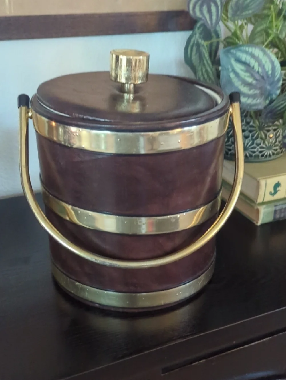 Vintage Brown Leather Ice Bucket with Brass Trim